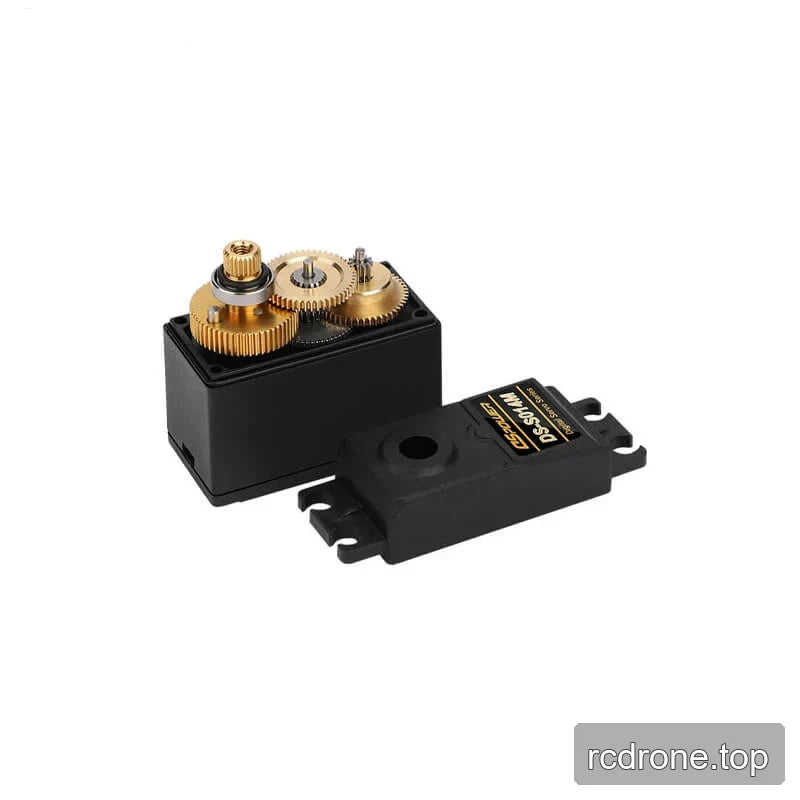 Opened DSpower DS-S014M servo motor showing gold-colored internal gears beside the removed black top cover.
