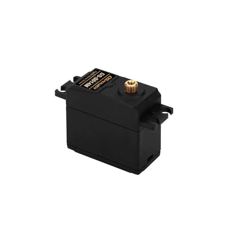 Black DSpower DS-S014M servo motor with mounting tabs and a gold-colored splined output shaft.