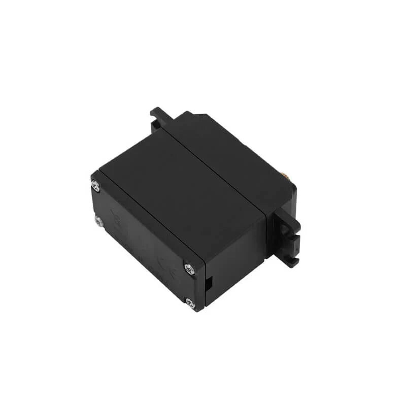 Rear three-quarter view of the black DSpower DS-S014M servo motor housing with mounting tabs and case screws.