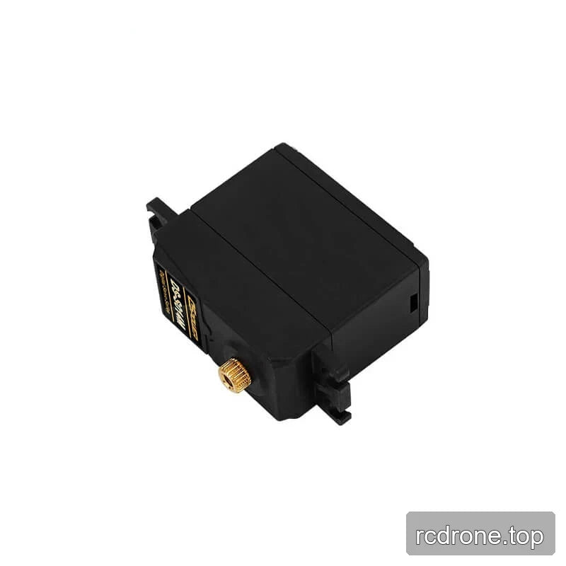 Top and side view of the black DSpower DS-S014M servo motor showing its gold-colored splined output shaft.