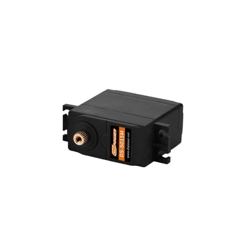 Side view of the black DSpower DS-S015M servo motor showing the front brass output spline and side label.