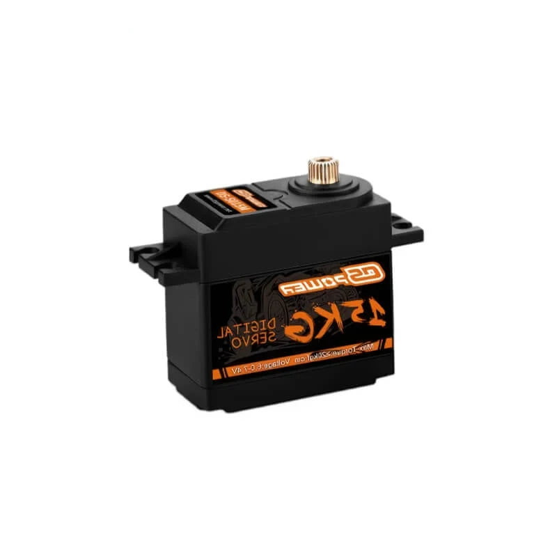 Black DSpower DS-S015M-C servo motor shown upright with mounting tabs and a brass output spline.