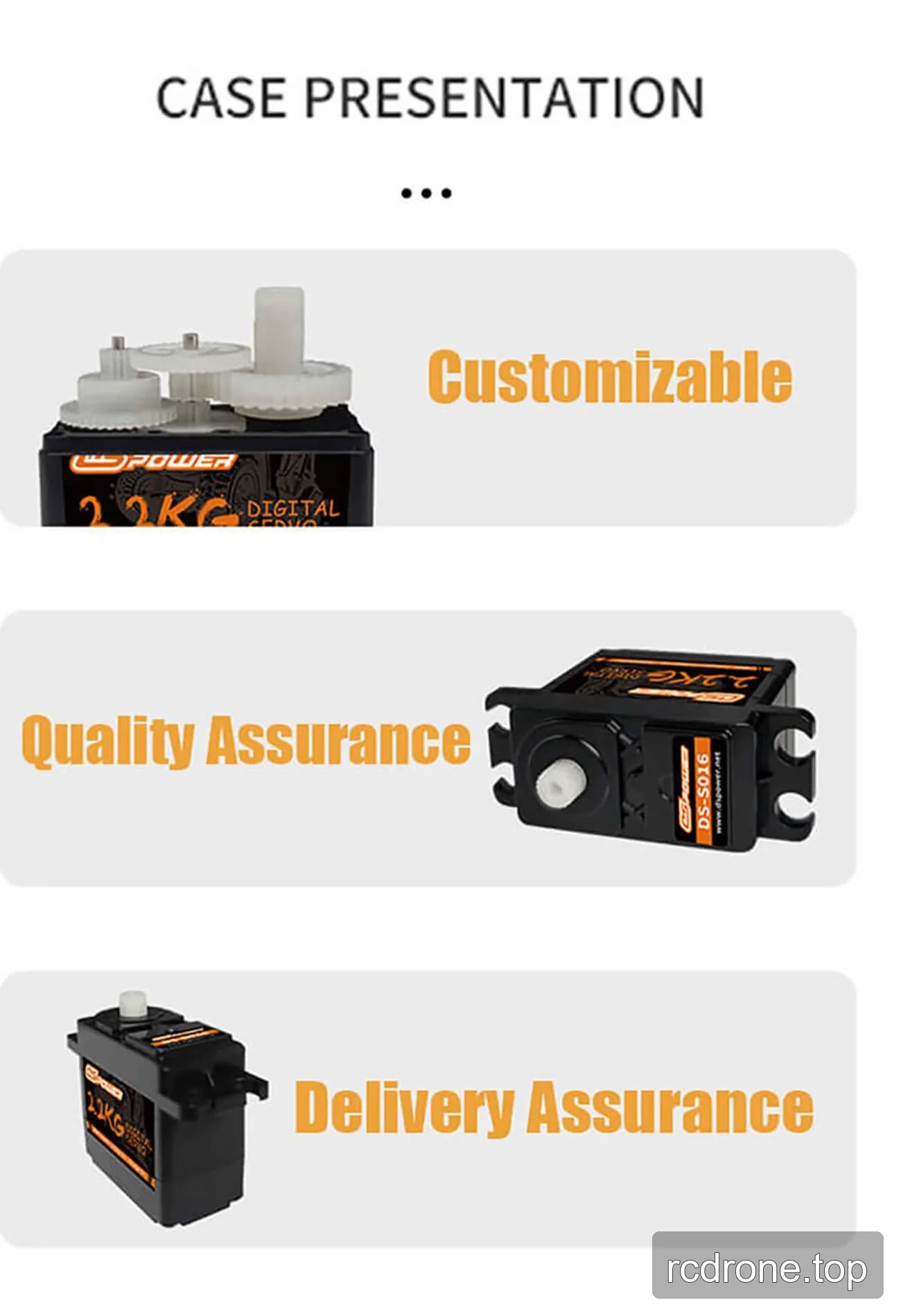 DSpower DS-S016 digital servo motor graphic with feature and application panels — section 4 of 4