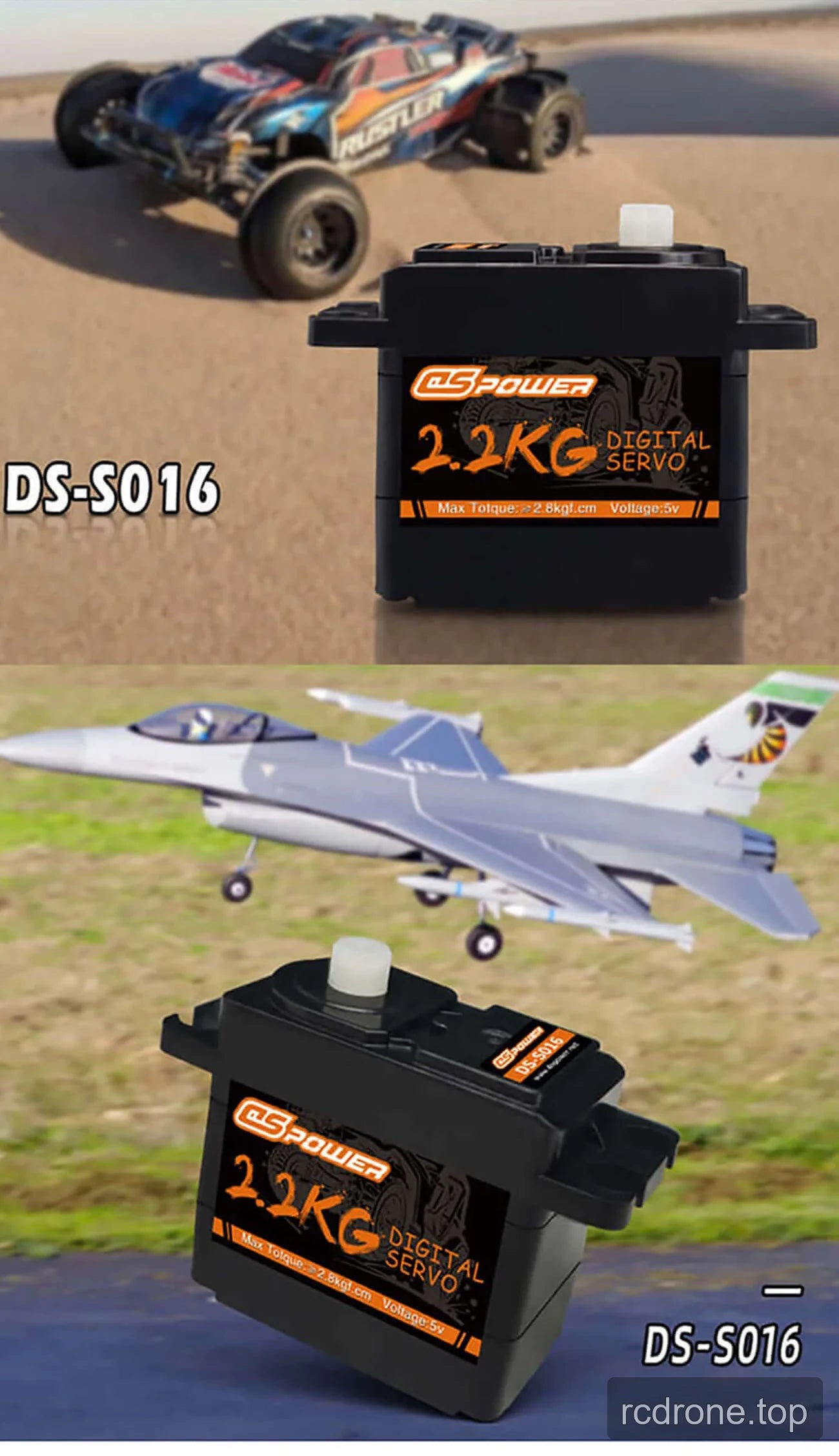 DSpower DS-S016 digital servo motor graphic with feature and application panels — section 3 of 4