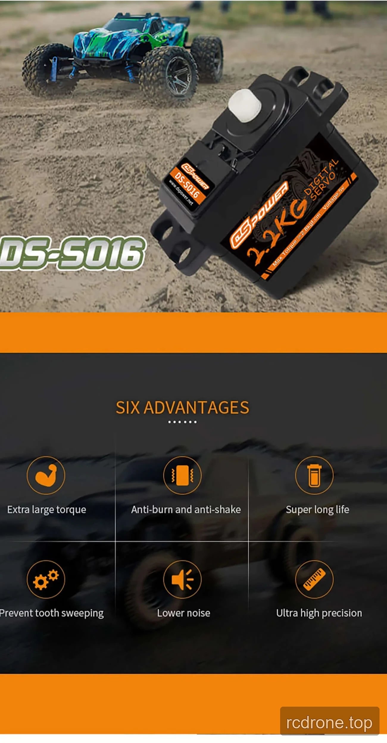 DSpower DS-S016 digital servo motor graphic with feature and application panels — section 1 of 4
