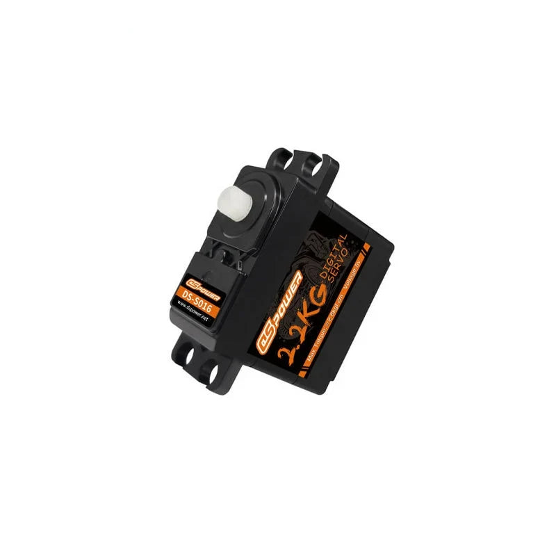 Angled top view of DSpower DS-S016 servo showing the white output shaft, mounting tabs, and DS-S016 label.