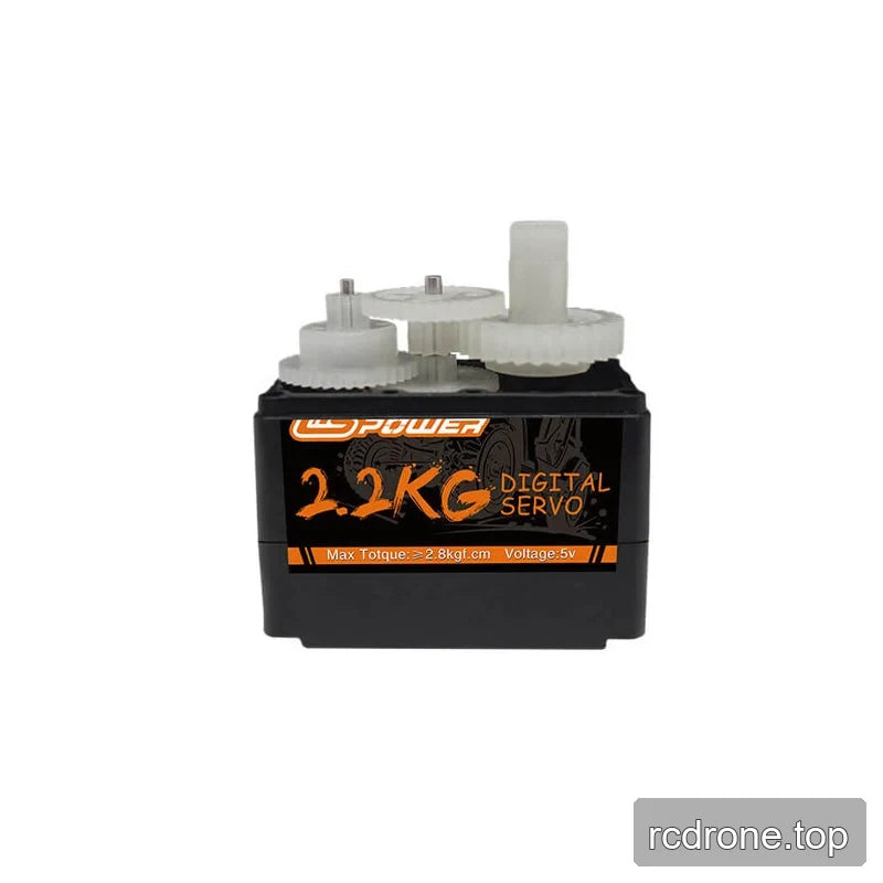 DSpower digital servo with its top cover removed, exposing three white plastic gears above the 2.2KG label.