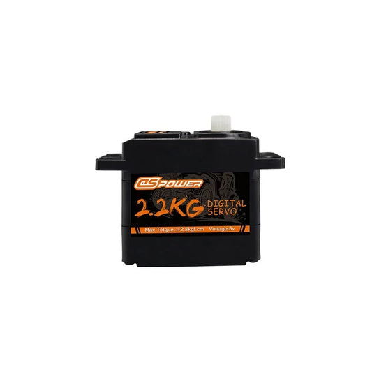 Front view of black DSpower DS-S016 digital servo with white output shaft and 2.2KG, 5V label.