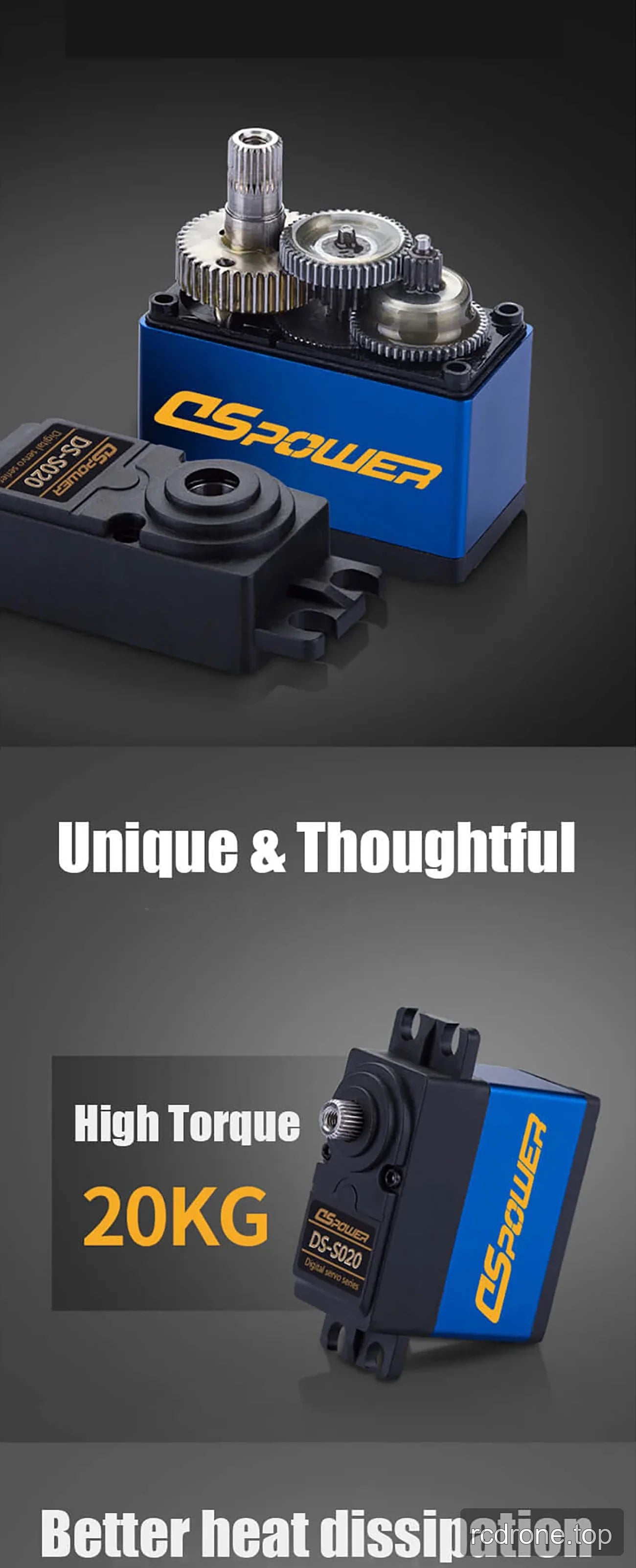 DSpower DS-S020 20KG digital servo with mounting tabs, splined shaft, horns, and screws — section 2 of 4