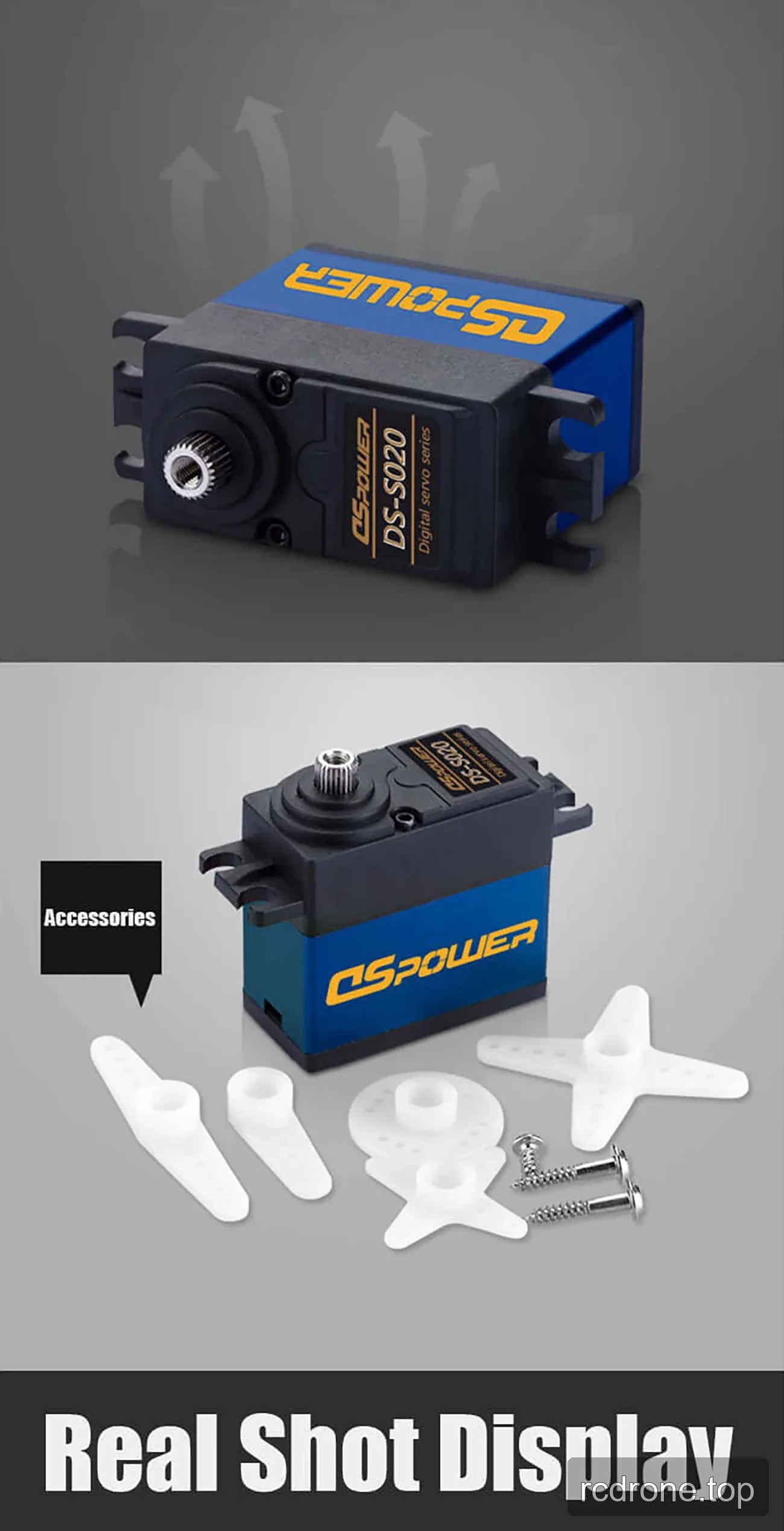 DSpower DS-S020 20KG digital servo with mounting tabs, splined shaft, horns, and screws — section 3 of 4