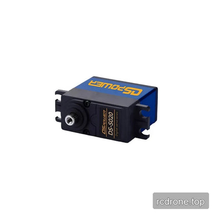Low front-side view of the DSpower DS-S020 blue and black digital servo motor and mounting tabs.