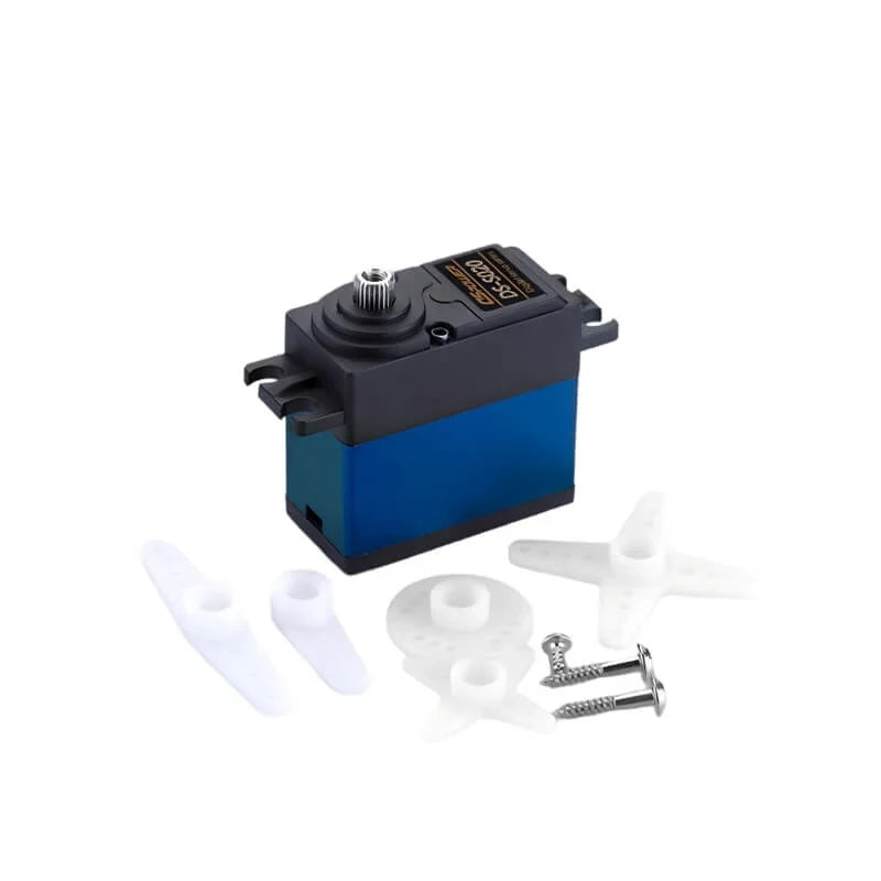 Blue and black DSpower DS-S020 servo motor shown with white servo horns and mounting screws.