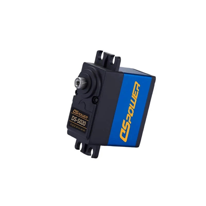 Front angled view of the blue and black DSpower DS-S020 digital servo motor with splined output shaft.