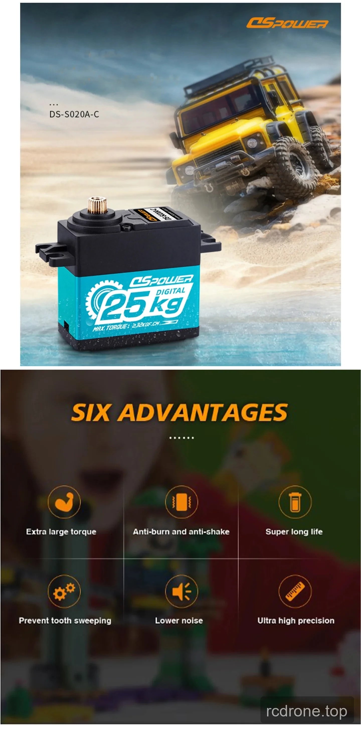 DSpower DS-S020A-C digital servo motor with exposed metal gear train and splined output shaft — section 1 of 4