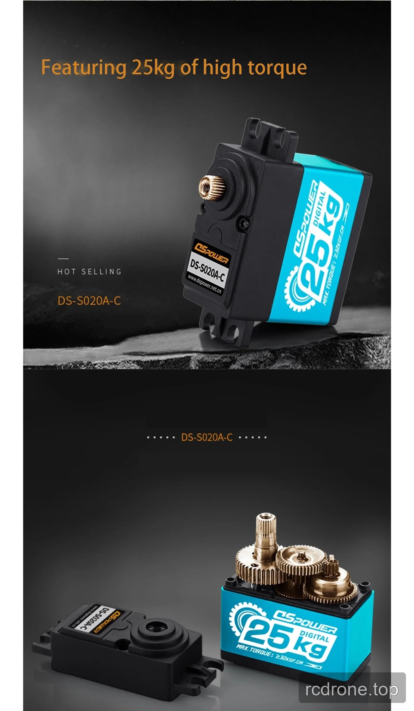 DSpower DS-S020A-C digital servo motor with exposed metal gear train and splined output shaft — section 3 of 4