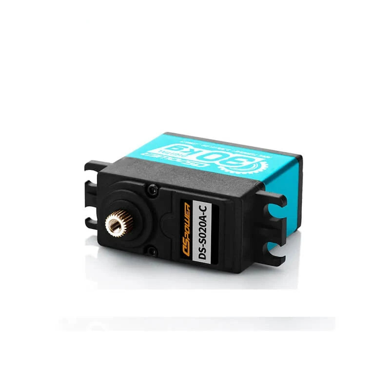 DSpower DS-S020A-C servo motor in a low horizontal front view, showing its splined output shaft and side mounting tabs.