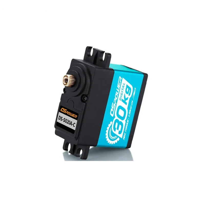 DSpower DS-S020A-C servo motor shown upright with turquoise 30 kg digital label, mounting tabs, and splined output shaft.