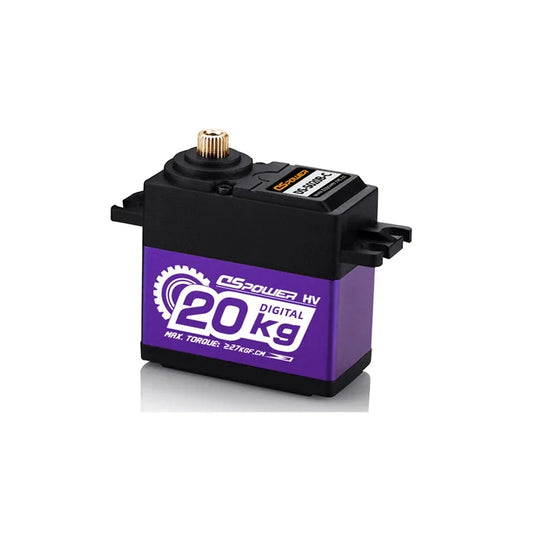 DSpower DS-S020B-C black servo motor with purple 20 kg digital HV label and upright splined output shaft.