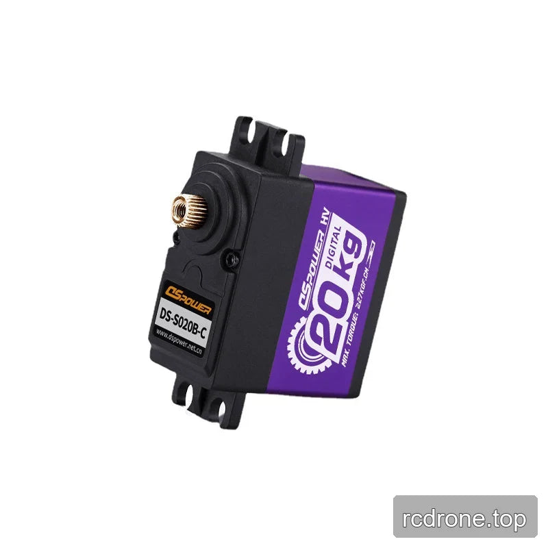 DSpower DS-S020B-C servo motor in a vertical angled view showing the front label, output shaft, and mounting tabs.
