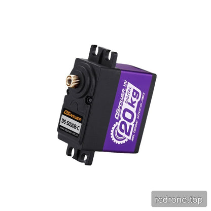 DSpower DS-S020B-C servo motor in a vertical angled view showing the front label, output shaft, and mounting tabs.