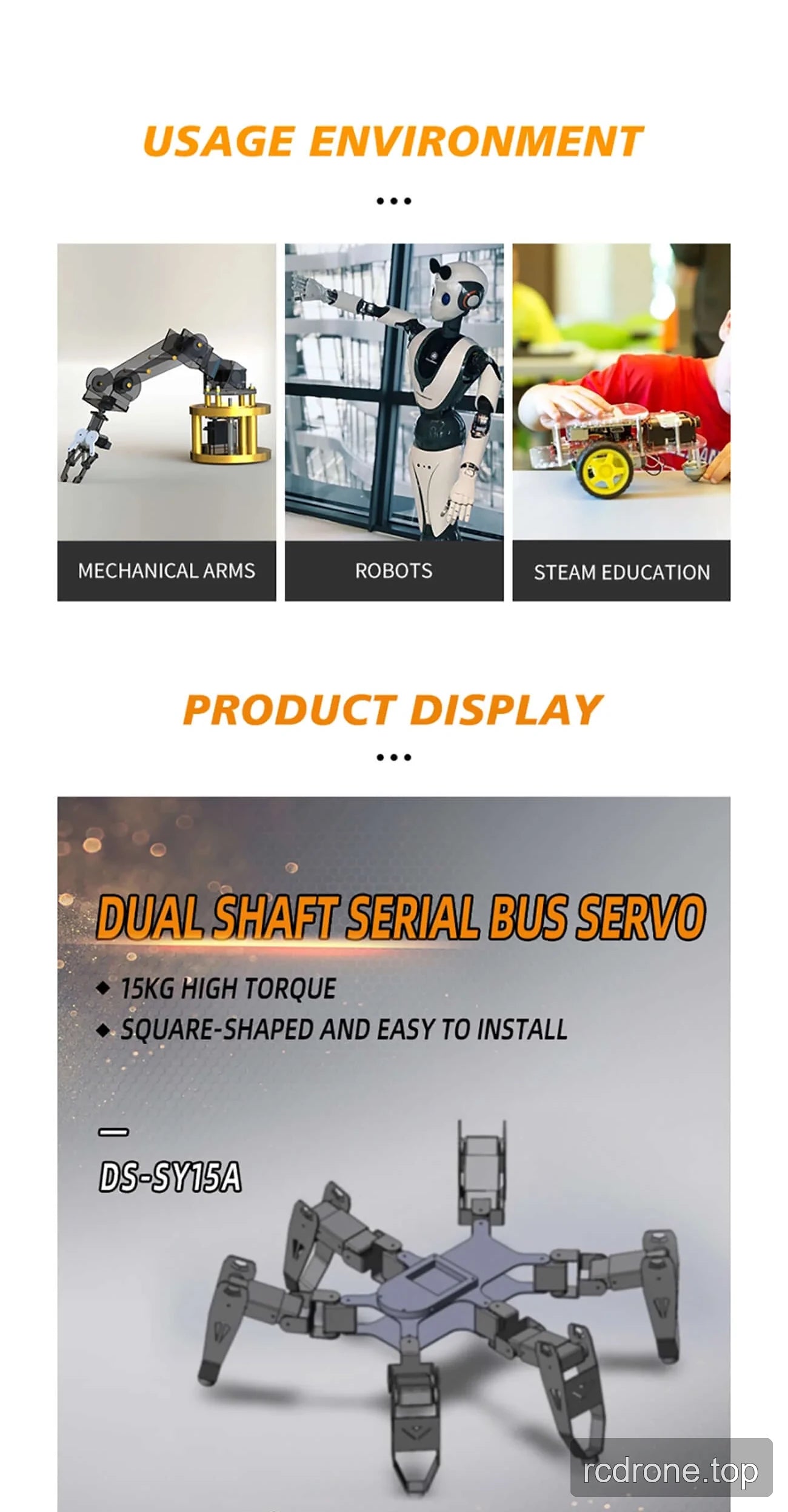 DSpower DS-SY15A dual-shaft metal-gear serial-bus servo features and accessories — section 2 of 5