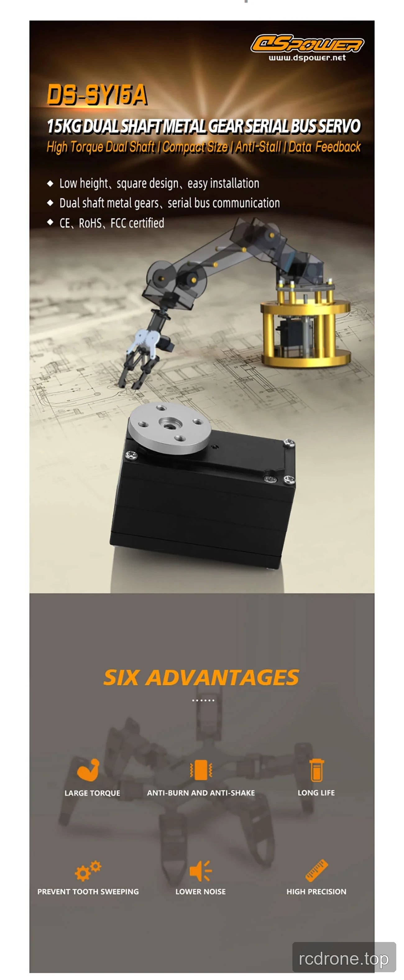 DSpower DS-SY15A dual-shaft metal-gear serial-bus servo features and accessories — section 1 of 5