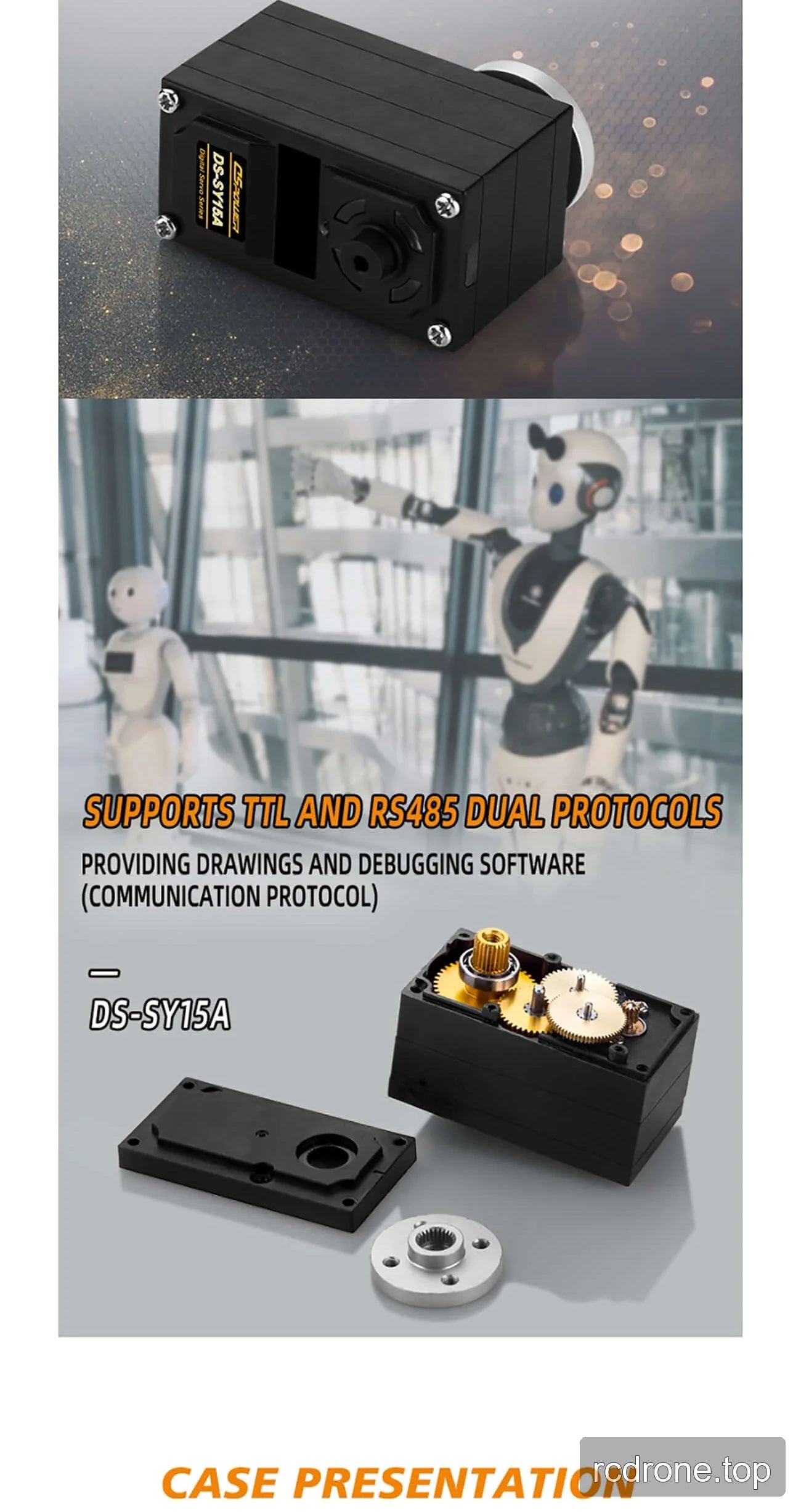 DSpower DS-SY15A dual-shaft metal-gear serial-bus servo features and accessories — section 3 of 5