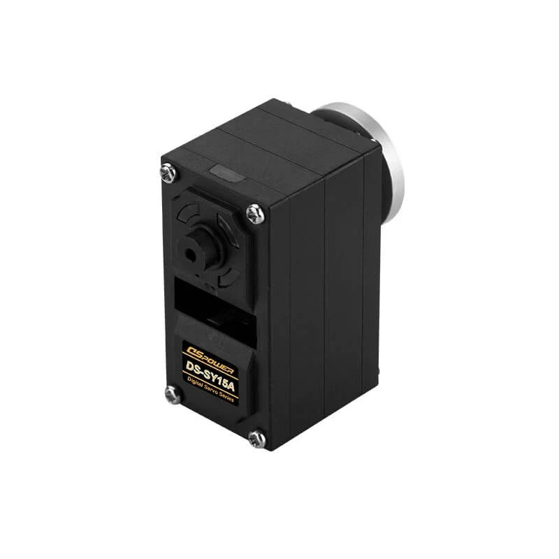 Rear three-quarter view of the black DSpower DS-SY15A digital servo motor, showing its rear output and model label.