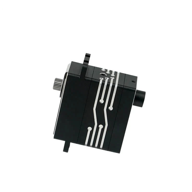 Black DSpower DS-W001A servo motor shown from the side, with a splined shaft, cylindrical rear section, and silver line detailing.
