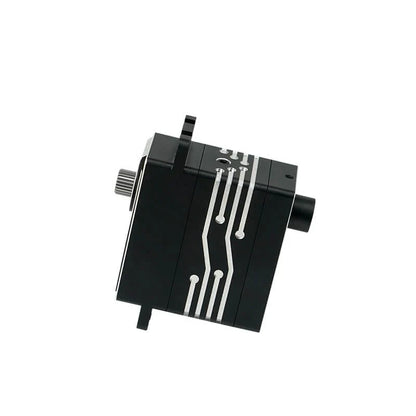 Black DSpower DS-W001A servo motor shown from the side, with a splined shaft, cylindrical rear section, and silver line detailing.