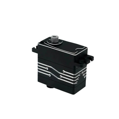 Black DSpower DS-W001A servo motor shown upright with splined output shaft, mounting tabs, and silver side-line detailing.