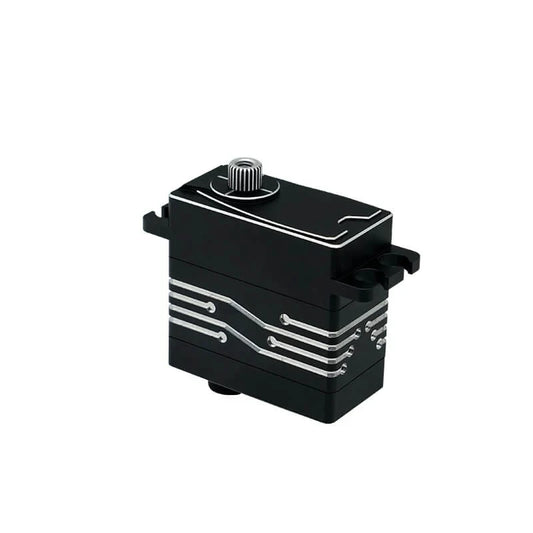 Black DSpower DS-W001A servo motor shown upright with splined output shaft, mounting tabs, and silver side-line detailing.