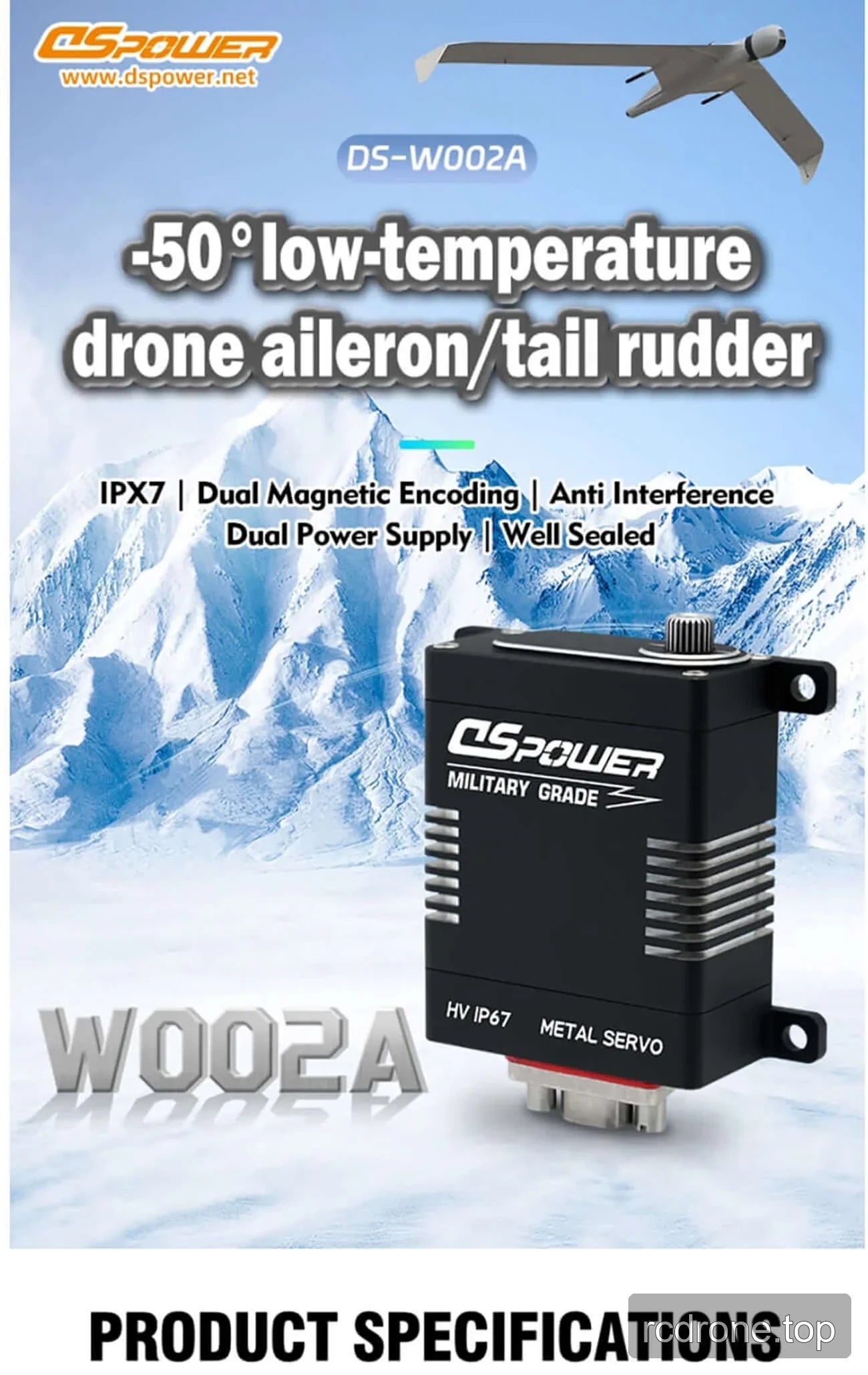 DSpower DS-W002A metal servo feature and operating specification panel — section 1 of 5