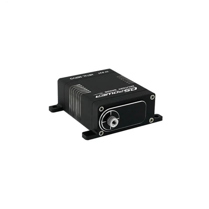 Black DSpower DS-W002A servo motor shown horizontally from the output-shaft end with four mounting tabs.