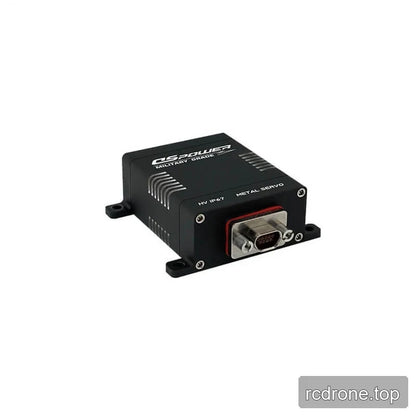 Black DSpower DS-W002A servo motor viewed from the connector end, showing a metal multi-pin port and red gasket.