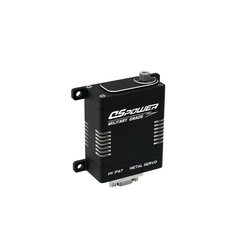 Black DSpower DS-W002A servo motor shown upright with a splined output shaft, mounting tabs, and finned sides.