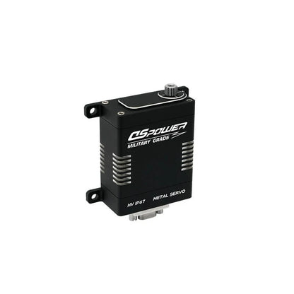 Black DSpower DS-W002A servo motor shown upright with a splined output shaft, mounting tabs, and finned sides.