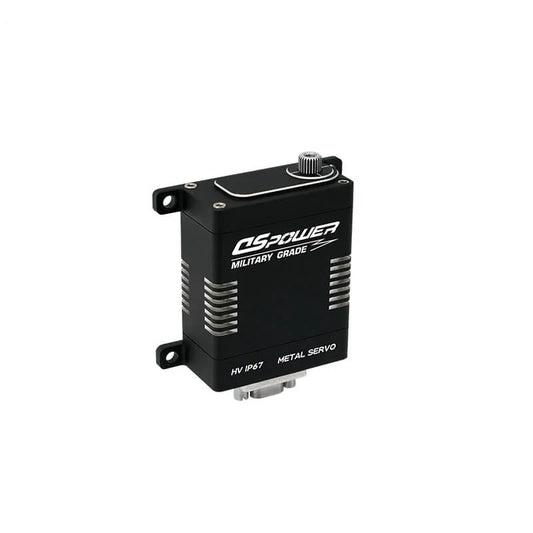 Black DSpower DS-W002A servo motor shown upright with a splined output shaft, mounting tabs, and finned sides.