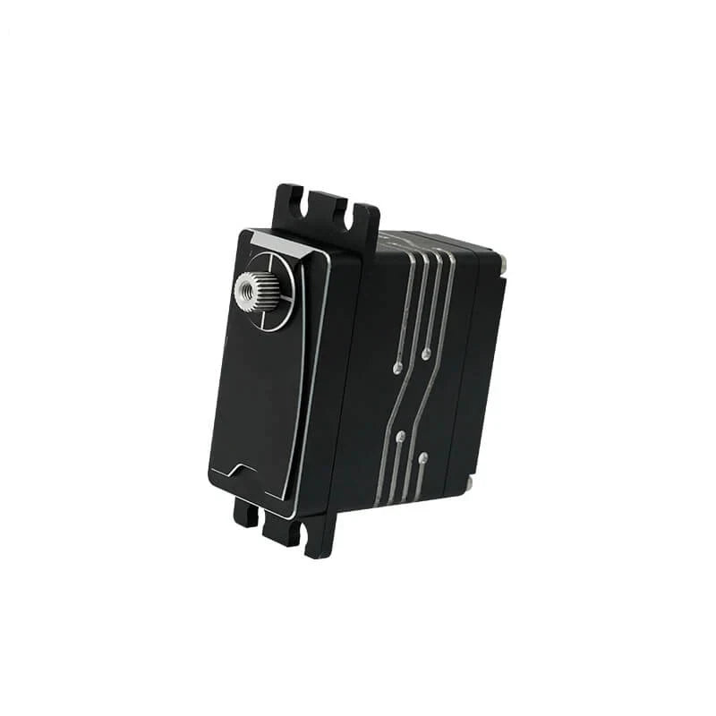 Black DSpower DS-W003A servo motor shown from the output end, with splined shaft, mounting tabs, and silver side accents.