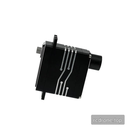 Side view of the black DSpower DS-W003A servo motor showing the splined output shaft, rear cable exit, and silver housing accents.