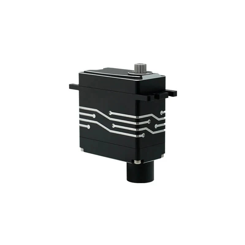 Black DSpower DS-W003A servo motor shown upright with a splined output shaft, mounting tabs, and silver circuit-line housing accents.