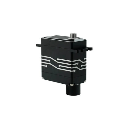 Black DSpower DS-W003A servo motor shown upright with a splined output shaft, mounting tabs, and silver circuit-line housing accents.