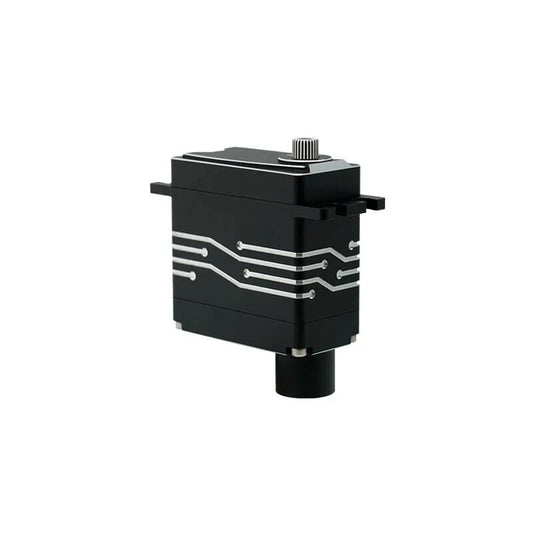 Black DSpower DS-W003A servo motor shown upright with a splined output shaft, mounting tabs, and silver circuit-line housing accents.