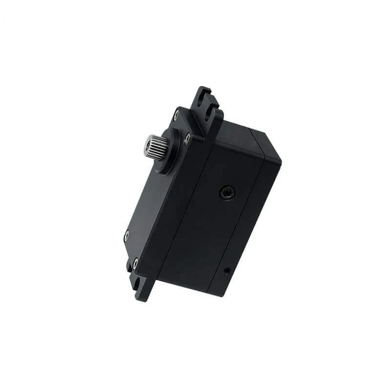 Angled view of the black DSpower DS-W004A servo motor, showing the splined output shaft and mounting tabs.
