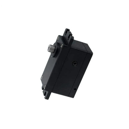 Angled view of the black DSpower DS-W004A servo motor, showing the splined output shaft and mounting tabs.