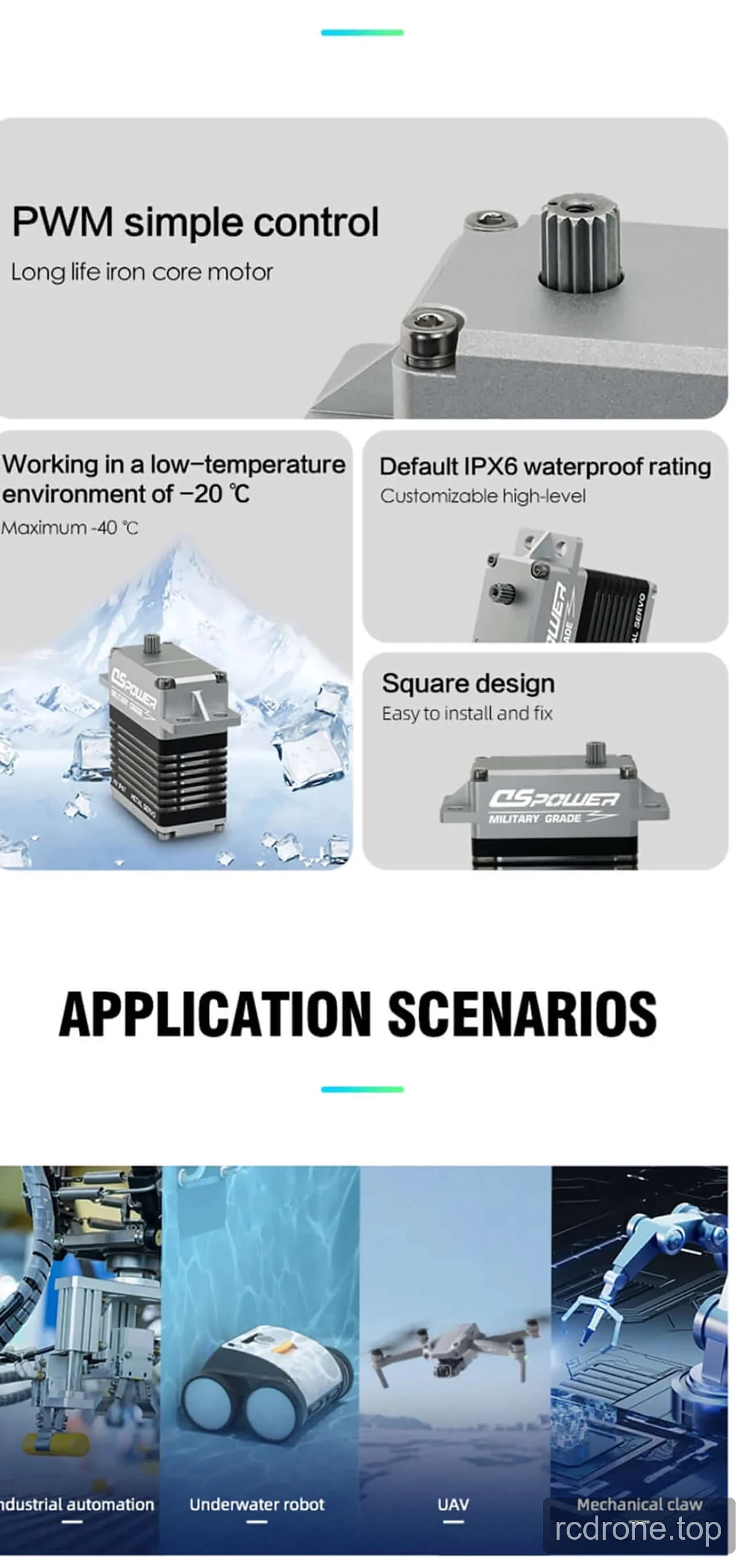 DSpower DS-W005A servo with technical feature panels — section 2 of 4