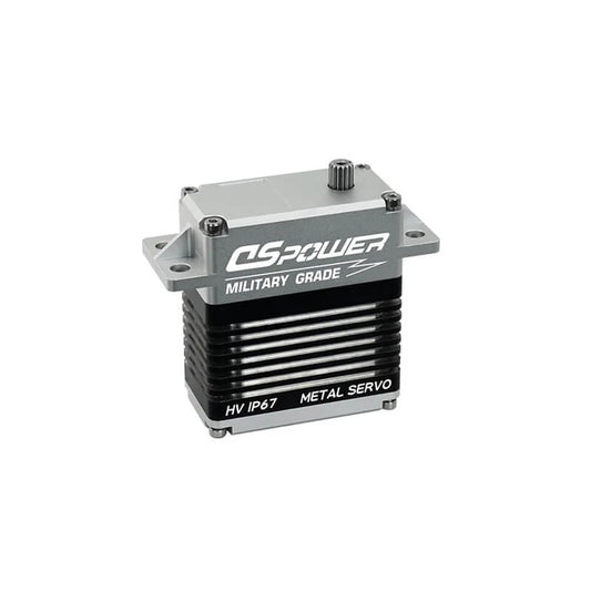 Silver and black DSpower DS-W005A servo with splined output shaft, mounting tabs, and ribbed metal body.