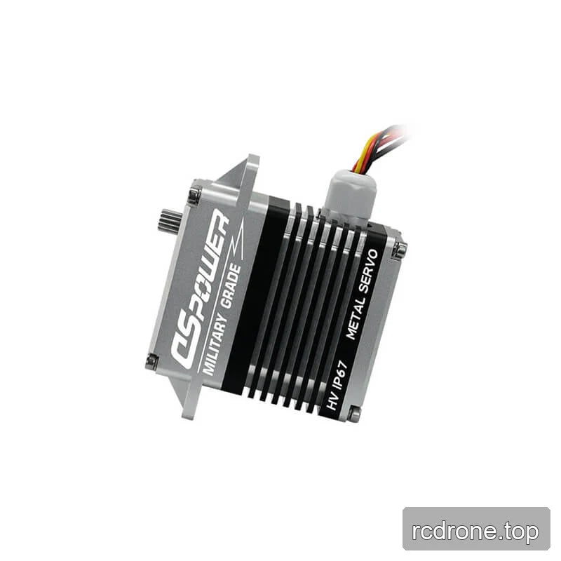 DSpower DS-W005A servo shown horizontally with its lead wire, splined output shaft, and ribbed metal housing.