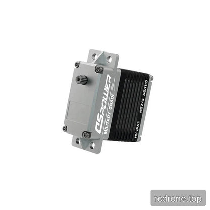 Rear angled view of the DSpower DS-W005A servo showing its back cover, output shaft, mounting holes, and ribbed case.