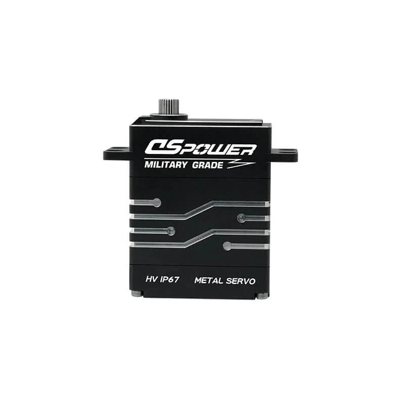 Front view of black DSpower DS-W006A servo with splined output shaft and visible HV IP67 metal servo markings.